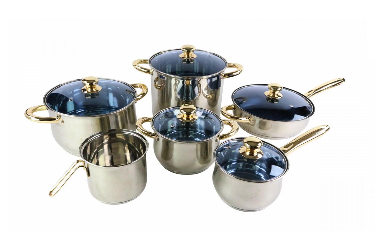 12 Pieces Stainless Steel Cookware Set With Gold Plated Handle Glass Lid,  Silver