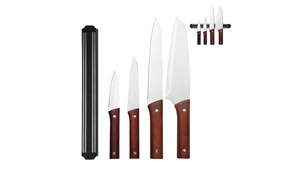 4pc Wooden Handle Knife Set With Magnetic Bar Set 